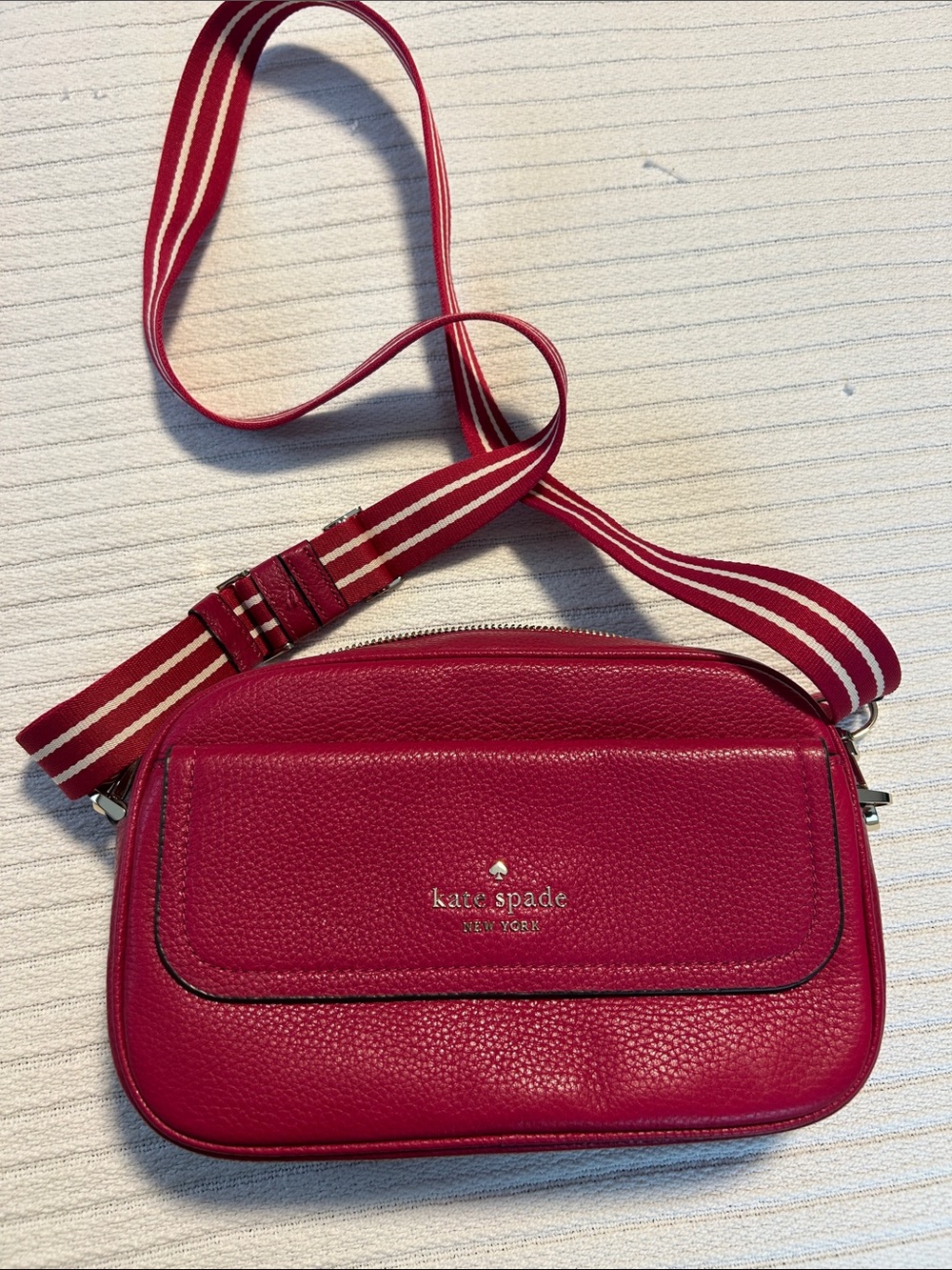 kate spade Raspberry Pebbled Leather Crossbody with Striped Strap - Picture 2 of 13